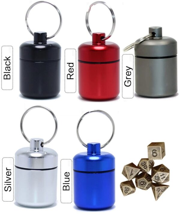 Poke Pin Small Aluminum Container, Water Tight, Key Chain - 5 Colours with Mini Dice