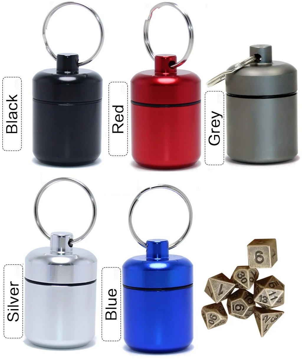 Poke Pin Small Aluminum Container, Water Tight, Key Chain – 5 Colours with Mini Dice