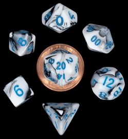 Mini Polyhedral Dice Set: Marble w/ Blue Numbers